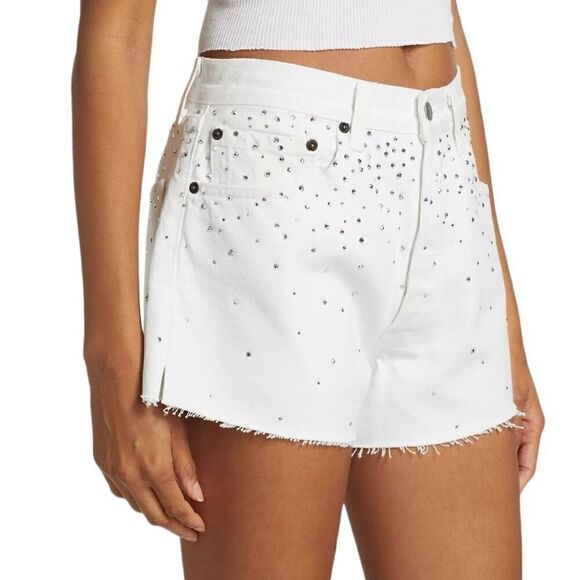 Re/done & Pam Crystal Mid-rise White Denim Shorts Size 32 (10-12) - Picture 7 of 14
